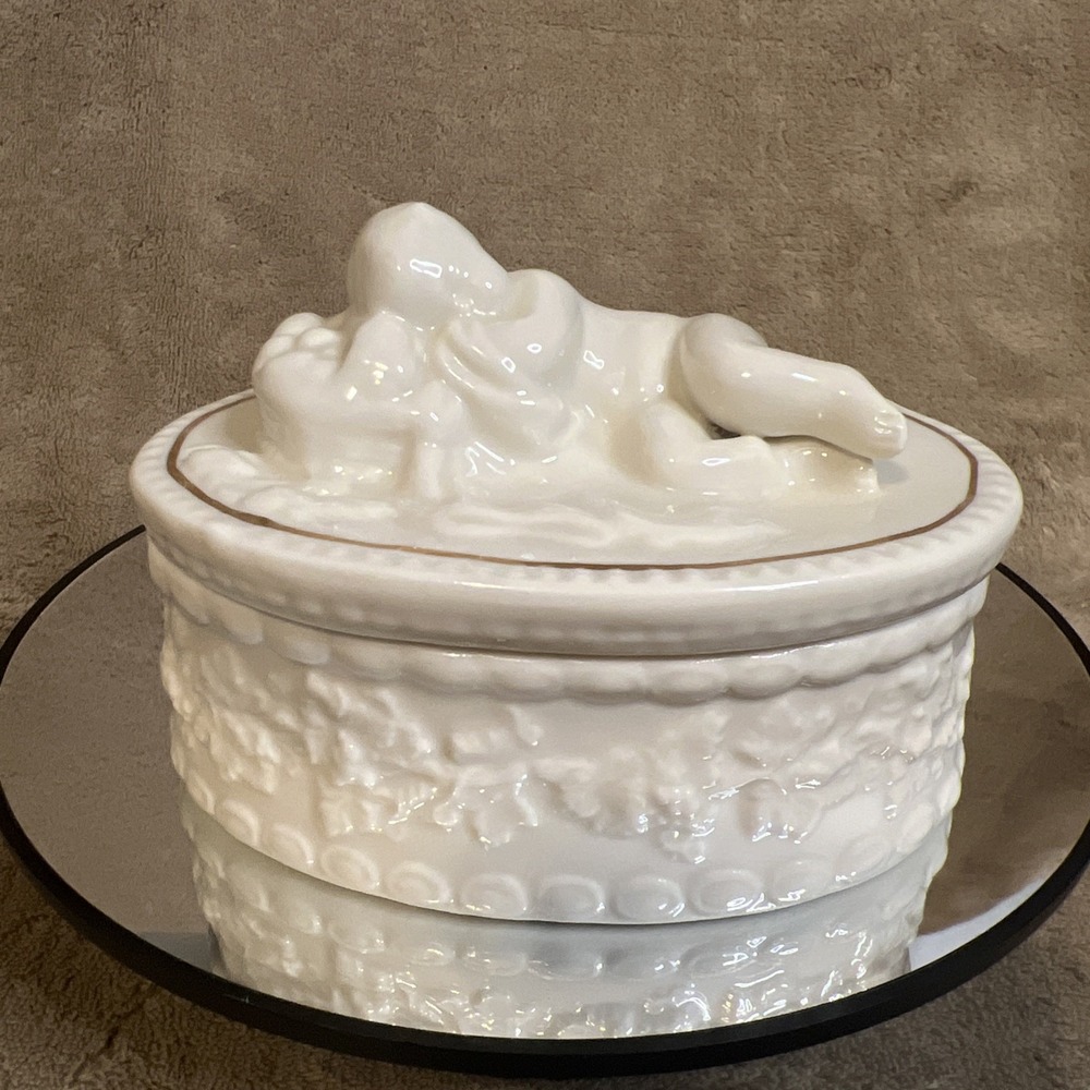 Vintage Belleek Irish Porcelain Sleeping Cherub Trinket Box 5in x 3.5 in